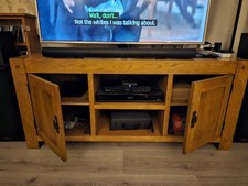 Solid Oak TV Stand With 2 Storage Cupboards And Centre Shelves