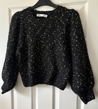 Black & Gold Embroidered Soft Fluffy Knit ZARA Puff Sleeve Jumper S 10