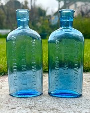 2x Antique Blue Glass Woodward Chemist Nottingham & Bromley Coffee Leeds Bottles