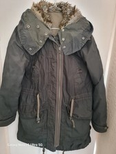 Vintage TOP SHOP Parka Coat Size 12 Khaki Green Fur Trim Hood Faux Fur Lined