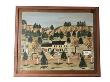 Vintage Original Painting On Wood Americana Farm Land Folk Art B. Ottman Signed