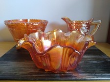 Collection Of Three Pieces Of Marigold Carnival Glass