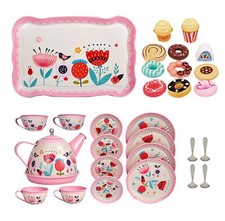Kids Pretend Playset Pink Tea Set Toy Dessert Washable Saucers Teapot Cup Dishes