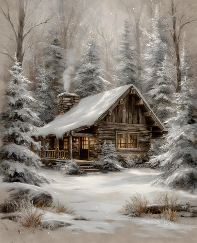 Snow covered log cabin - cabin, in