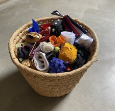 Job Lot Raffia Bowl Of Ribbon Ends, Trimmings, Cord, Tassels. Ric Rac