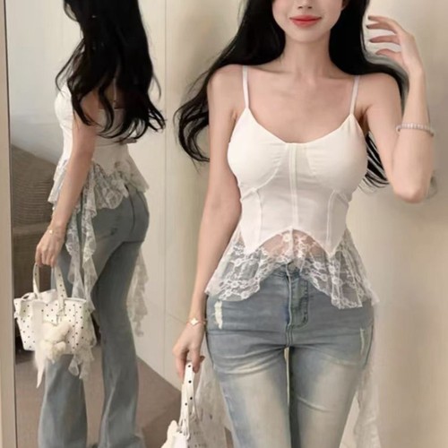 Lace accented ruffled vest - accented,