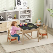 Toddler Table and Chair Set 4 in 1 Wooden Activity Desk Set-Natural