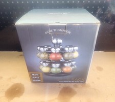 OPEN BOX-OLDE THOMPSON 16 JAR EMPTY SPICE RACK GLASS FLIP LIDS ROTATING SPICE