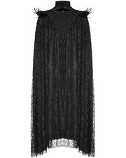 Eva Lady Long Gothic Beaded Feathered Sheer Floral Lace Velvet Cloak Cape Black