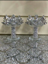 Crushed Diamond Candle Holder Crystal Filled Silver Lotus Romany Set of 2