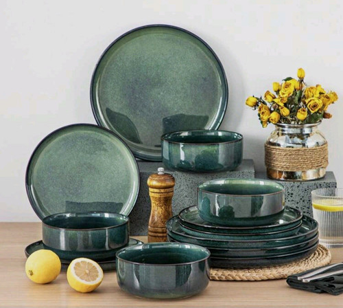 Green ceramic round dinner set - ceramic,