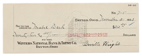 Orville wright check signed - orville,