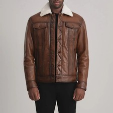 Handmade Men’s Brown Sheepskin Trucker Fashion Leather Jacket | Faux Fur Lined