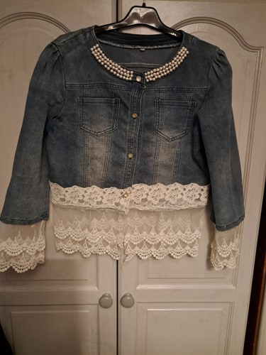 Lacy denim jacket with pearl - jacket,