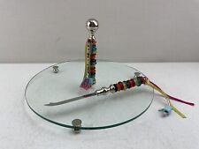 ROUND GLASS CHEESE BOARD WITH BEAD HANDLE & MATCHING CHEESE CUTTER 30 CM VGC