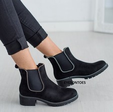 WOMEN'S CHELSEA BOOTS LADIES ANKLE CHUNKY FLAT SOLE LOW BLOCK HEEL STUDDED SHOES