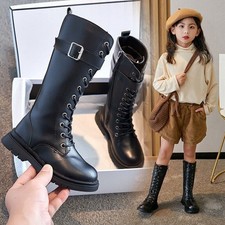Kids Girls Knee High Boots Fur Lined Lace Up Side Zippers Riding Snow Boots UK