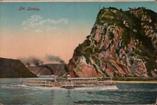 Vintage Postcard Die Loreley Germandy ship barge Mountain water view