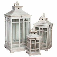 Set Of 3 Lanterns Wooden Finish White Antique Shabby Vintage Country Inter