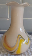 Murano Style Milky White Swirl Art Glass Vase 20cm Fluted White Rim Vintage