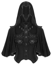Eva Lady Womens Dark Gothic Velvet Lace Hooded Shrug Cloak Cape Blouse Top Black