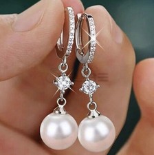 Shiny Womens 925 Sterling Silver Silver Cubic Zirconia Pearl Drop Hoop Earrings