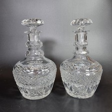 Antique 19thC Pair Cut Glass Decanters Faceted Ring Neck 25cm High