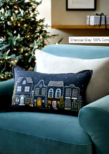 FAB CHARCOAL GREY 'CHRISTMAS HOUSES' FRENCH KNOT REVERSIBLE CUSHION BY NEXT -NWT