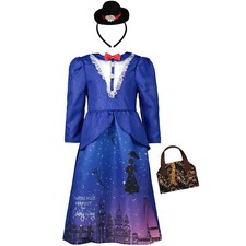 Disney Mary Poppins Kids Fancy Dress Costume Outfit Blue Hat Bag Childrens Tu