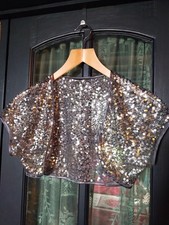 Short Cropped Silver Sequin Mesh Shrug Bolero Jacket Cap Sleeves Size 12
