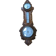 Antique Combination Clock Barometer Thermometer Carved Oak Banjo