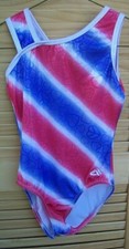 AERIALS by Alpha Factor red blue white foil leotard~girl's size L~CLA~gymnastics