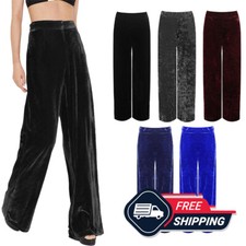 Womens Velvet Palazzo Trousers Ladies Pocket Wide Leg Velour  Plain Bottoms UK