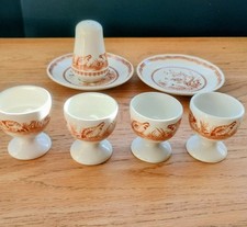 Furnivals 1913 Quail Brown Pepper Pot Egg Cups x 4 and Saucers x 2 Vintage