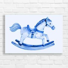 Whimsical Wooden Rocking Horse Blue Canvas Print Large Picture Wall Art