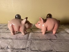 CLAY ART SALT & PEPPER Shaker set  Piggy Bank Pink Pig w/ coins Vintage