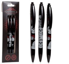 3 x Gothica Skull Design Ball Point Pens - Halloween Secret Santa Pen Set