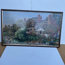 Vintage Large Countryside English Crosstitch Tapestry  River Cottage Landscape