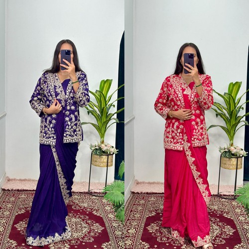 Designer chinon saree ready - chinon,