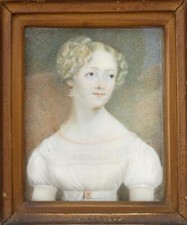 Antique c1800 Regency Portrait Miniature Watercolour Lady w Pearl Necklace