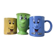 Novelty Essence Stoneware 3D Funny Face Mugs x3 Blue Yellow Green Vintage VGC