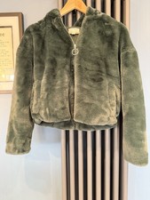 Topshop Faux Fur Hood Jacket XS Teal Vintage Plush Zip Y2K 2000s Ring Pull Mob 