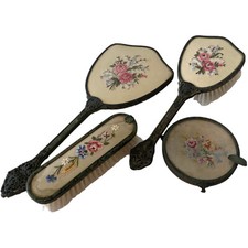 Vintage Vanity Dresser Set Petit Point Lace Hand Mirror Brushes Trinkets Pins