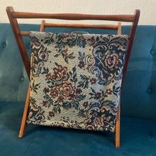 Floral Tapestry Knitting Sewing Basket Folding Wood Frame Inner Pocket Vintage 