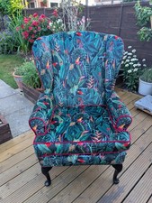 BEAUTIFUL Wingback Armchair Upcycled And Reupholstered Jungle Print Design