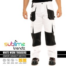 Mens Combat White Cargo Pants Painters Decorators Trousers Knee Pad Pockets