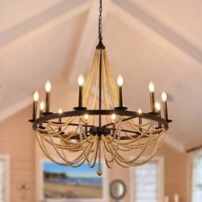 Wood Bead Chandelier 38" 12 Light Black Wagon Wheel Chandelier Farmhouse Dini...
