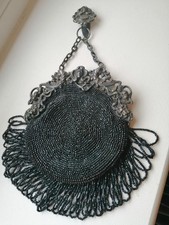 Antique 1920s Art Nouveau Jet bead and German Silver Chatelaine Purse. 