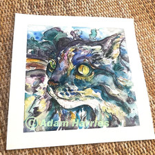 Modern Colourful Long Haired Cat Painting – Original Watercolour Art 25x25cm