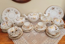 Antique 40pc Tea Service Teaset Minton Davenport White Gold Puce c1860 Stunning
